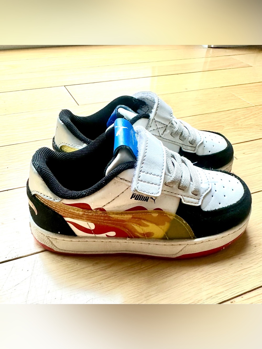 Puma X Hotwheels Kids White, Black & Red Sneakers with Yellow Flame Accent